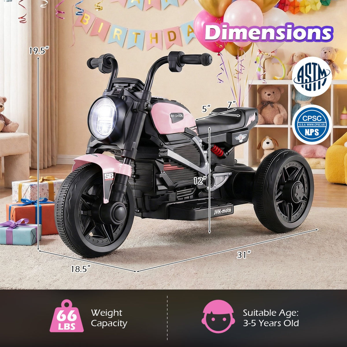 6V Kids Electric Motorcycle with LED Headlight and Music for Toddlers Aged 3-5-Pink view 5
