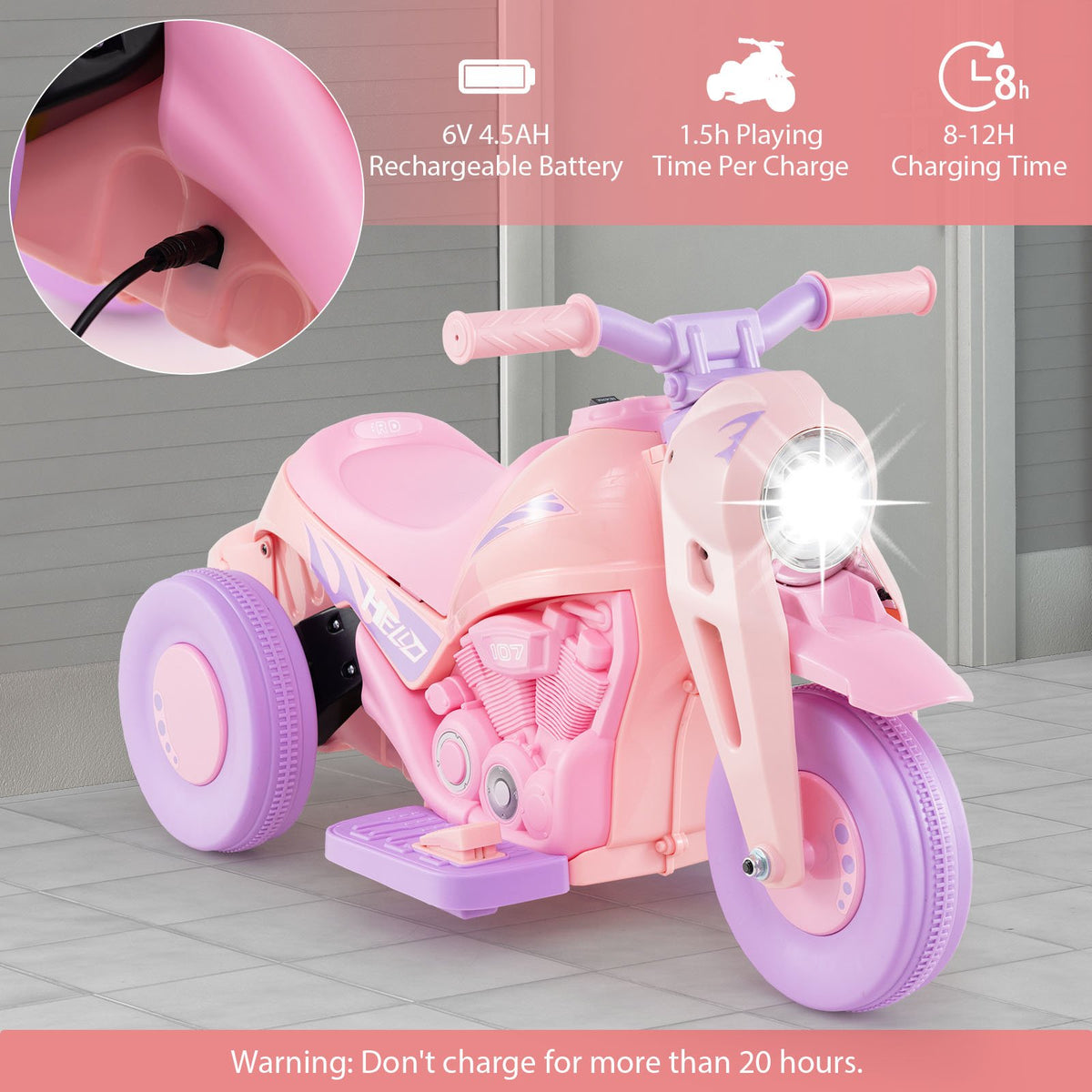 6V Kids Electric Ride on Motorcycle with Bubble Maker and Music-Pink and Purple view 7
