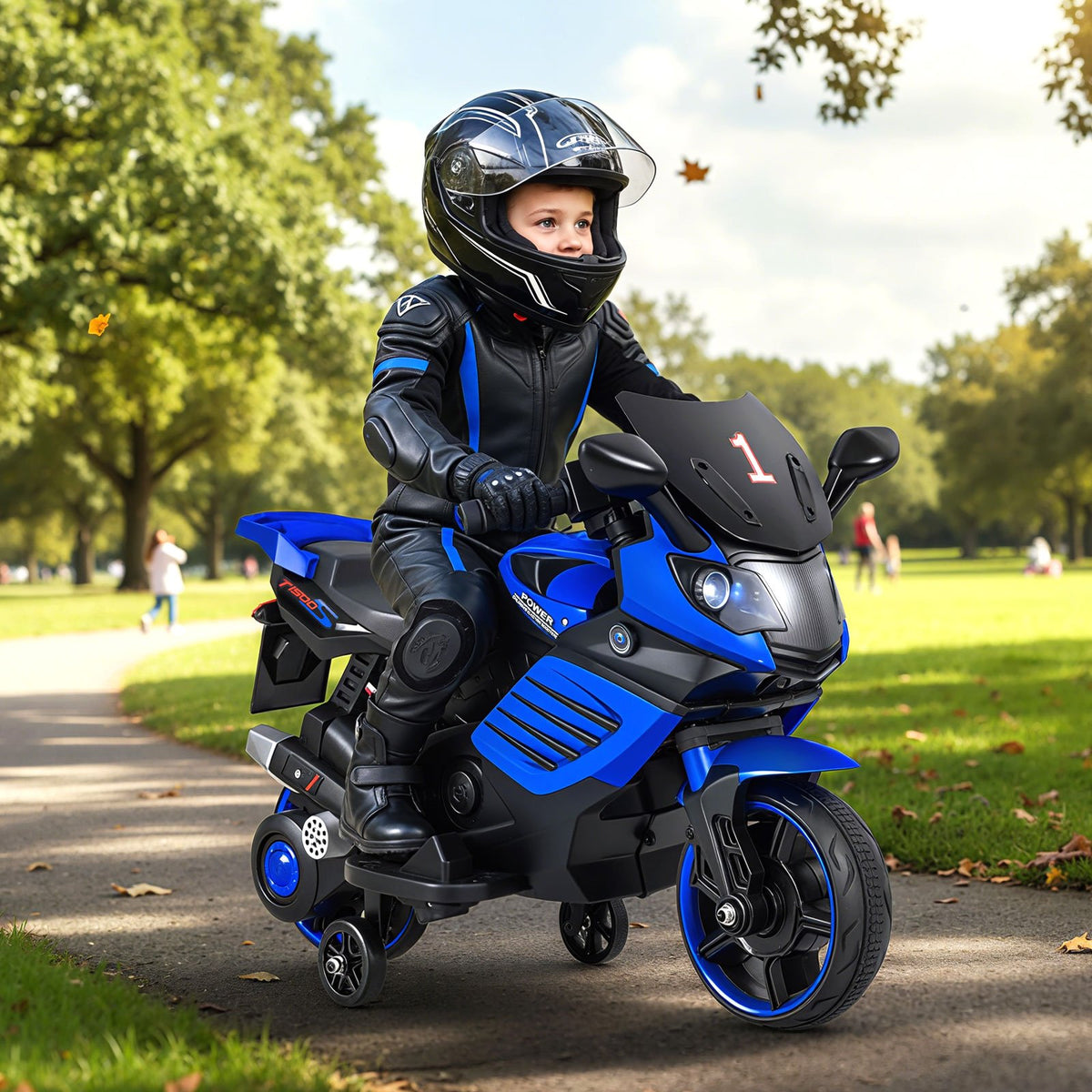 6V Kids Motorcycle with Headlights Music and Detachable Training Wheels-Navy view 2