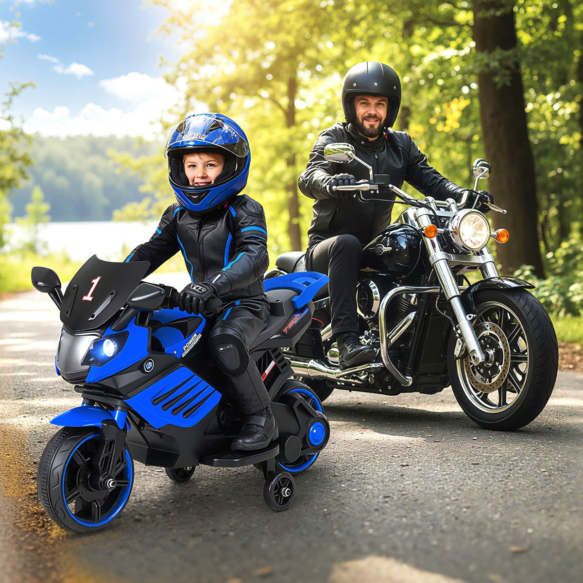6V Kids Motorcycle with Headlights Music and Detachable Training Wheels-Navy view 3