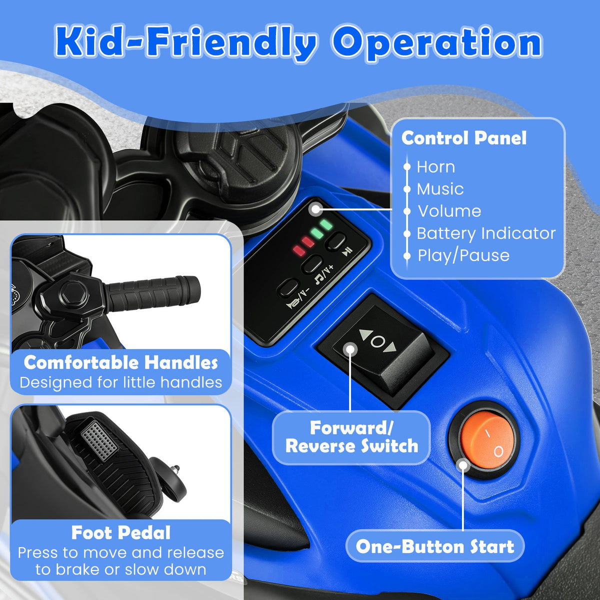 6V Kids Motorcycle with Headlights Music and Detachable Training Wheels-Navy view 6