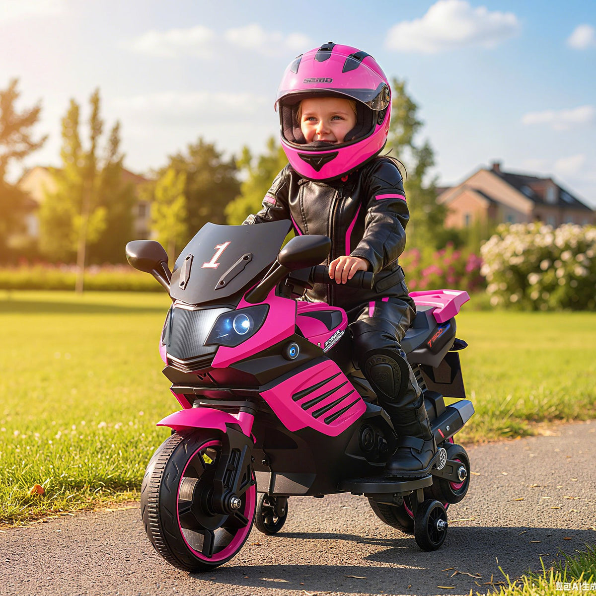 6V Kids Motorcycle with Headlights Music and Detachable Training Wheels-Pink view 2