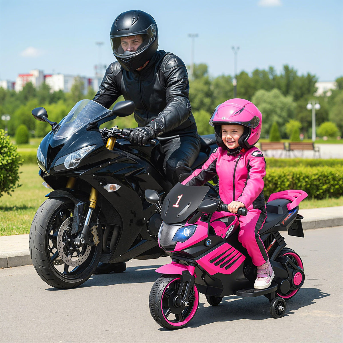 6V Kids Motorcycle with Headlights Music and Detachable Training Wheels-Pink view 3