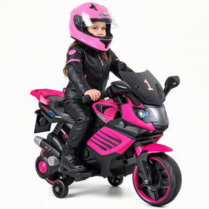 6V Kids Motorcycle with Headlights Music and Detachable Training Wheels-Pink view 4