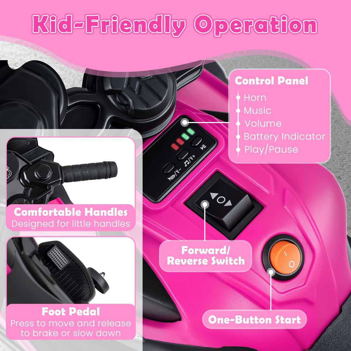 6V Kids Motorcycle with Headlights Music and Detachable Training Wheels-Pink view 6