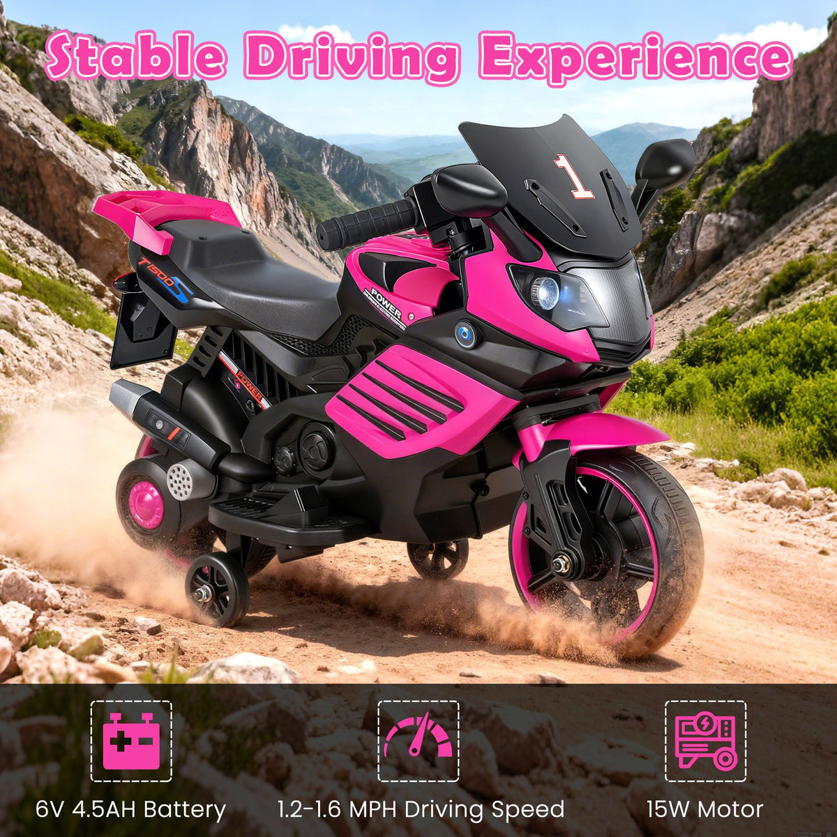 6V Kids Motorcycle with Headlights Music and Detachable Training Wheels-Pink view 7