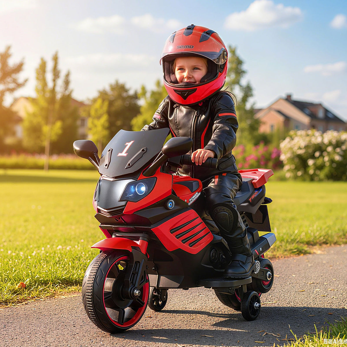6V Kids Motorcycle with Headlights Music and Detachable Training Wheels-Red view 2