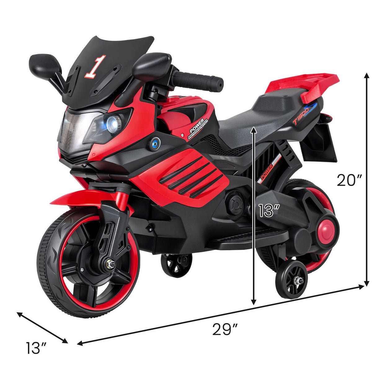 6V Kids Motorcycle with Headlights Music and Detachable Training Wheels-Red view 5