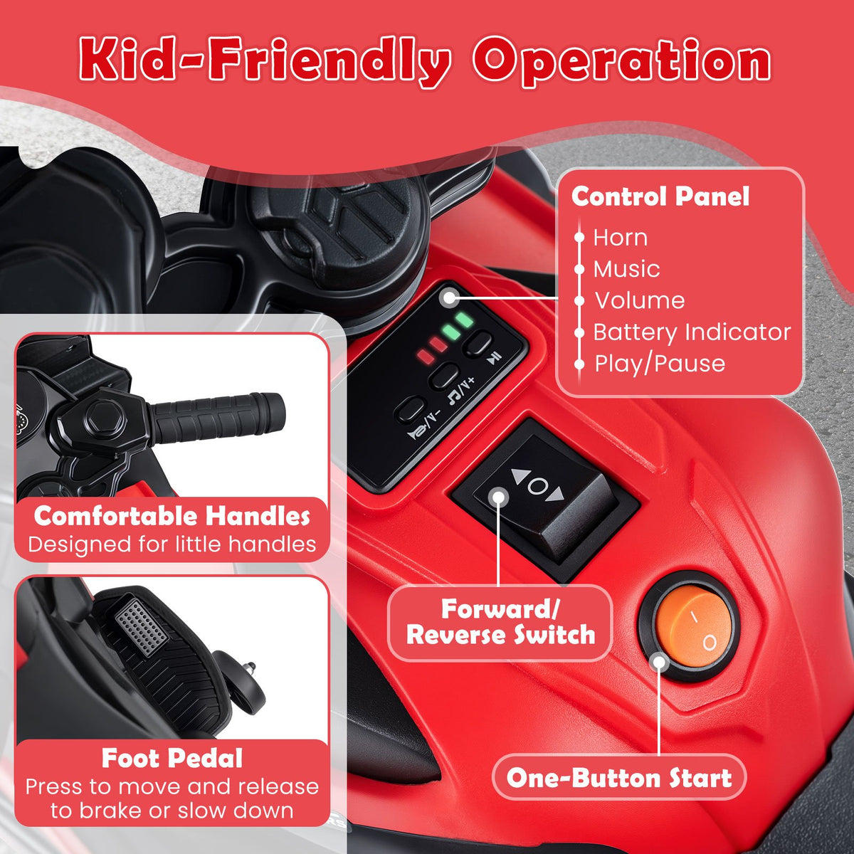 6V Kids Motorcycle with Headlights Music and Detachable Training Wheels-Red view 6