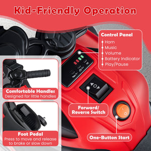 6V Kids Motorcycle with Headlights Music and Detachable Training Wheels-Red view 6