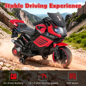 6V Kids Motorcycle with Headlights Music and Detachable Training Wheels-Red view 7