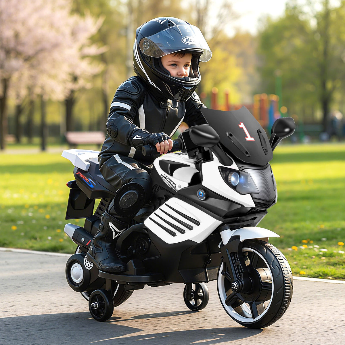6V Kids Motorcycle with Headlights Music and Detachable Training Wheels-White view 2