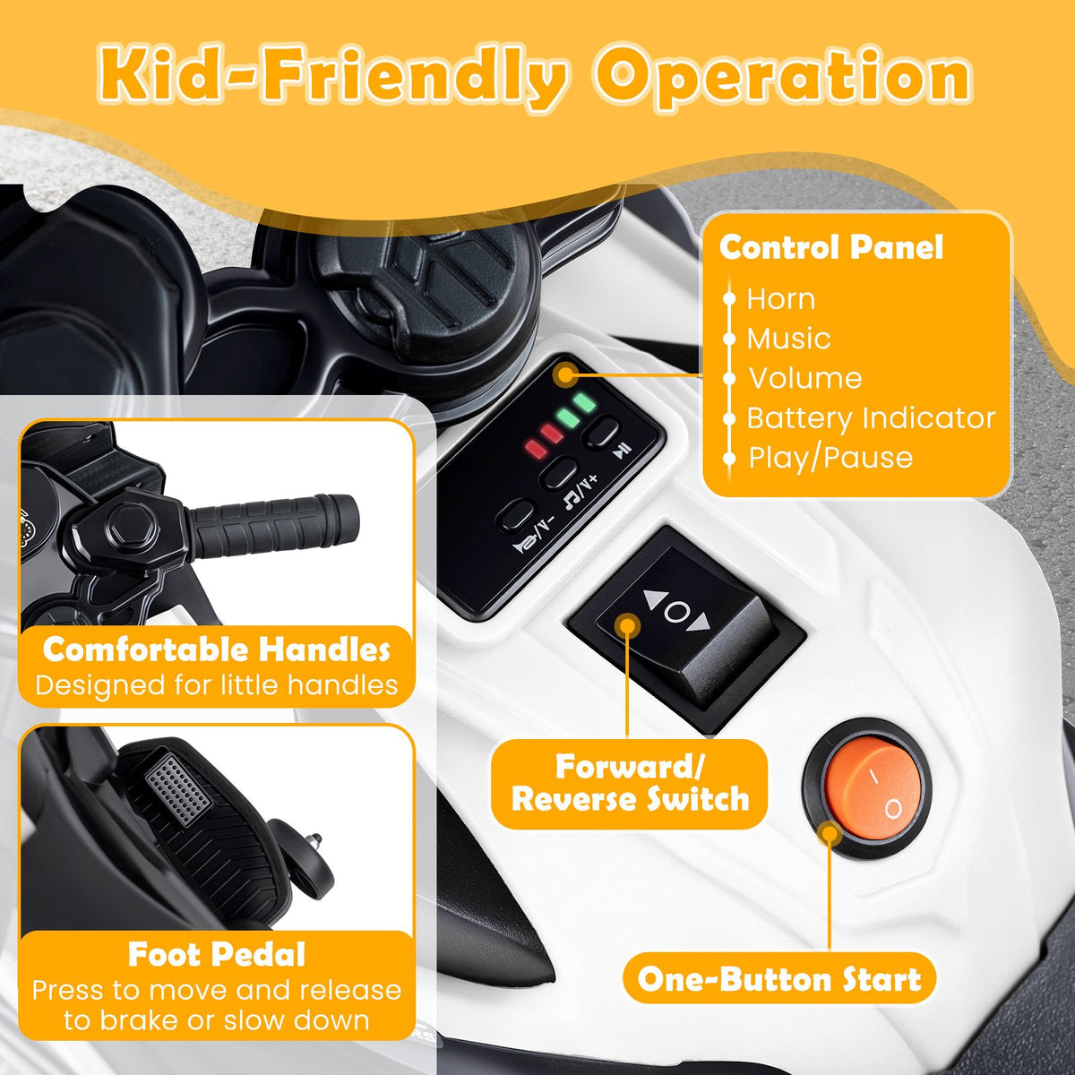 6V Kids Motorcycle with Headlights Music and Detachable Training Wheels-White view 6