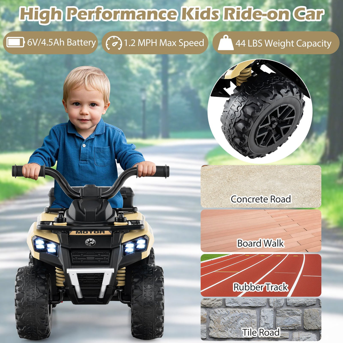 6V Kids Ride On ATV with Spray Function and Storage Box with Music-Khaki view 7