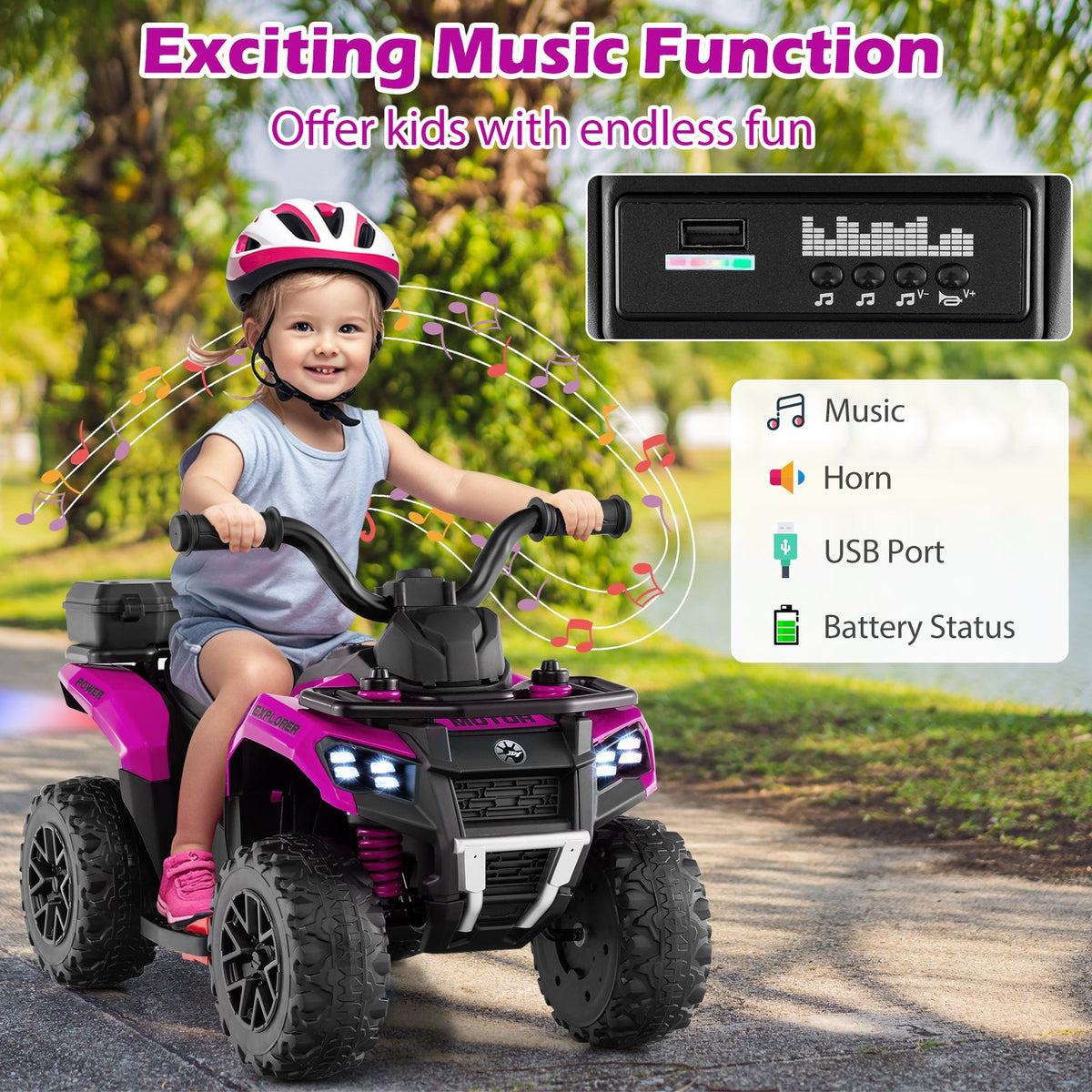 6V Kids Ride On ATV with Spray Function and Storage Box with Music-Pink view 9