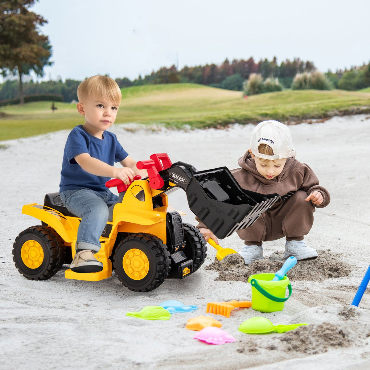 6V Kids Ride On Bulldozer with Folding Basketball Hoop and Balls view 2