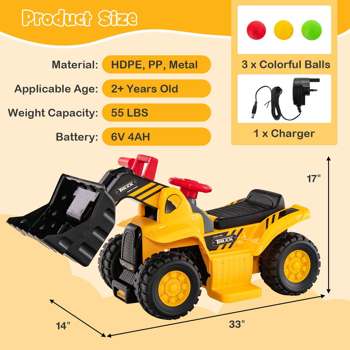 6V Kids Ride On Bulldozer with Folding Basketball Hoop and Balls view 3