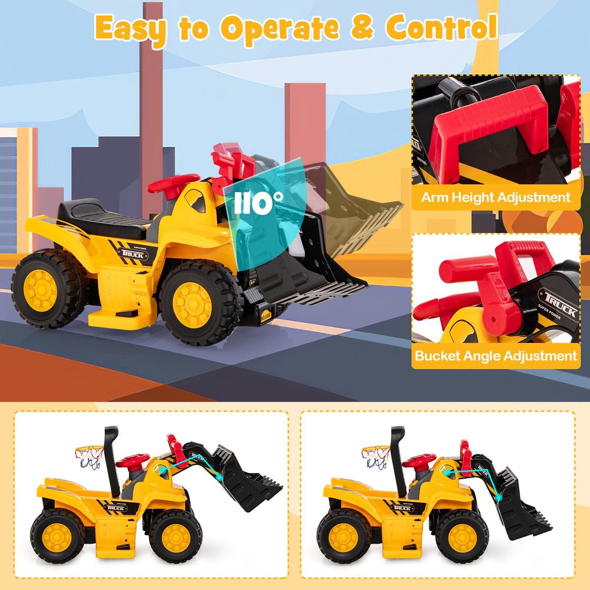 6V Kids Ride On Bulldozer with Folding Basketball Hoop and Balls view 6