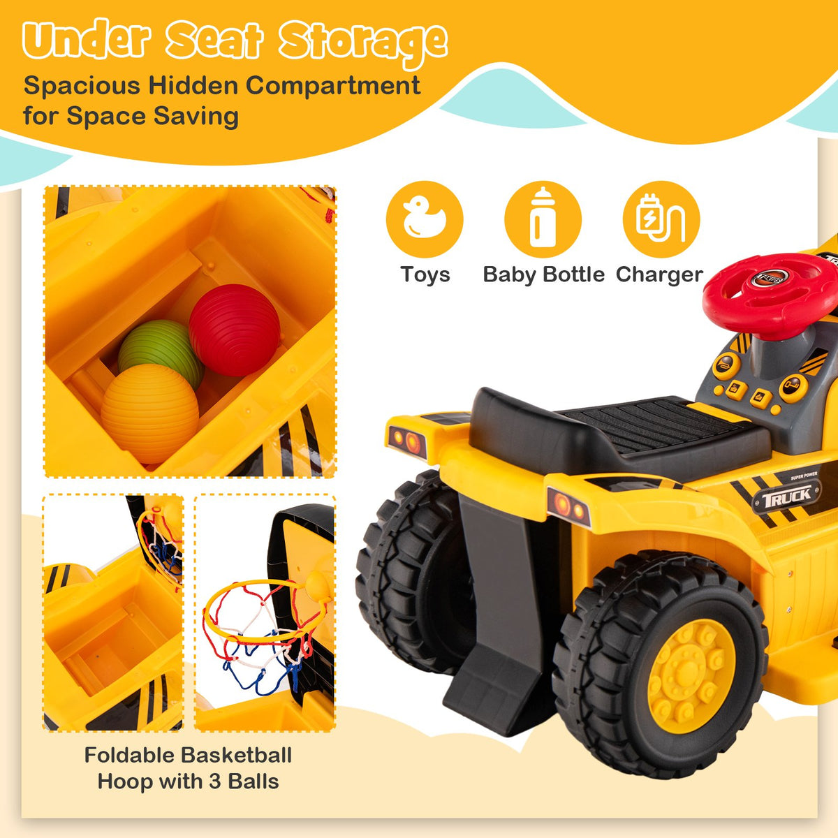 6V Kids Ride On Bulldozer with Folding Basketball Hoop and Balls view 7