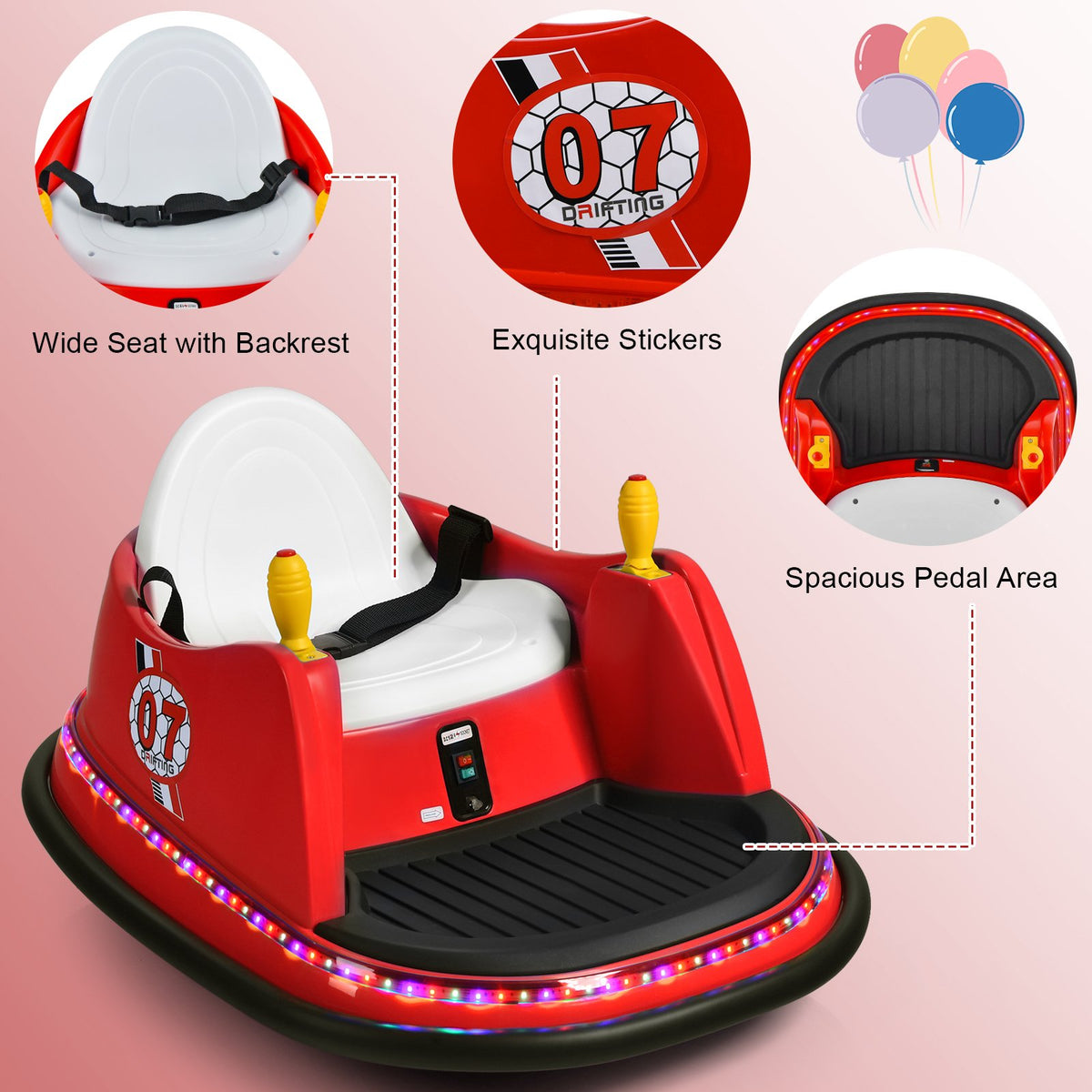 12V Electric Kids Ride On Bumper Car with Flashing Lights for Toddlers-Red view 8