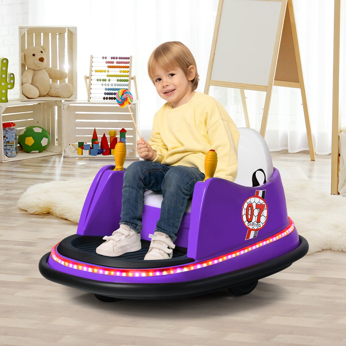 12V Electric Kids Ride On Bumper Car with Flashing Lights for Toddlers-Purple view 2
