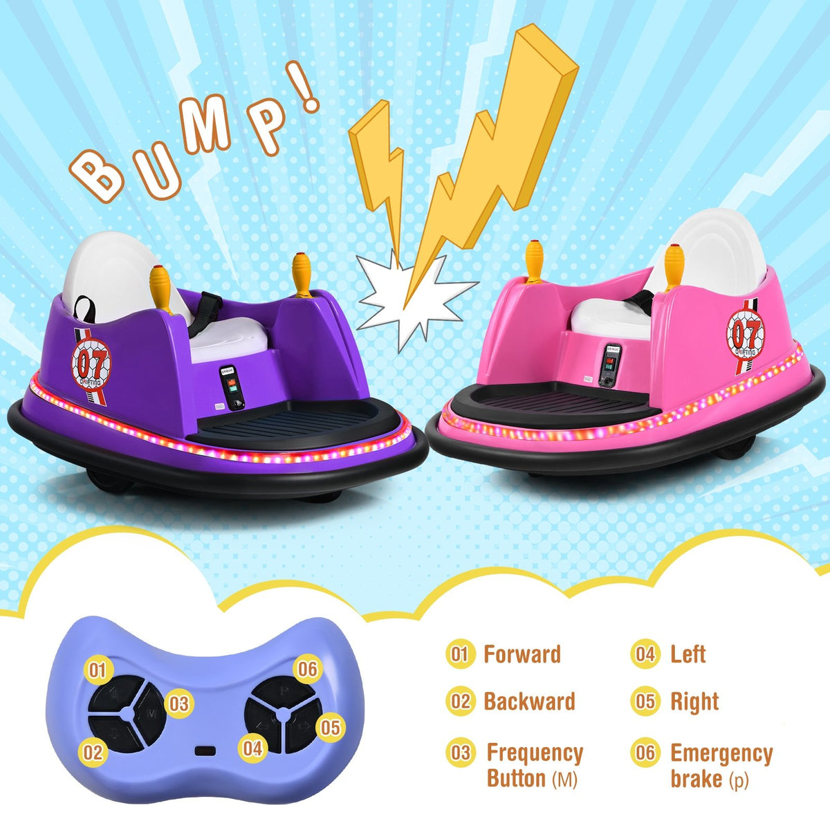 12V Electric Kids Ride On Bumper Car with Flashing Lights for Toddlers-Purple view 5
