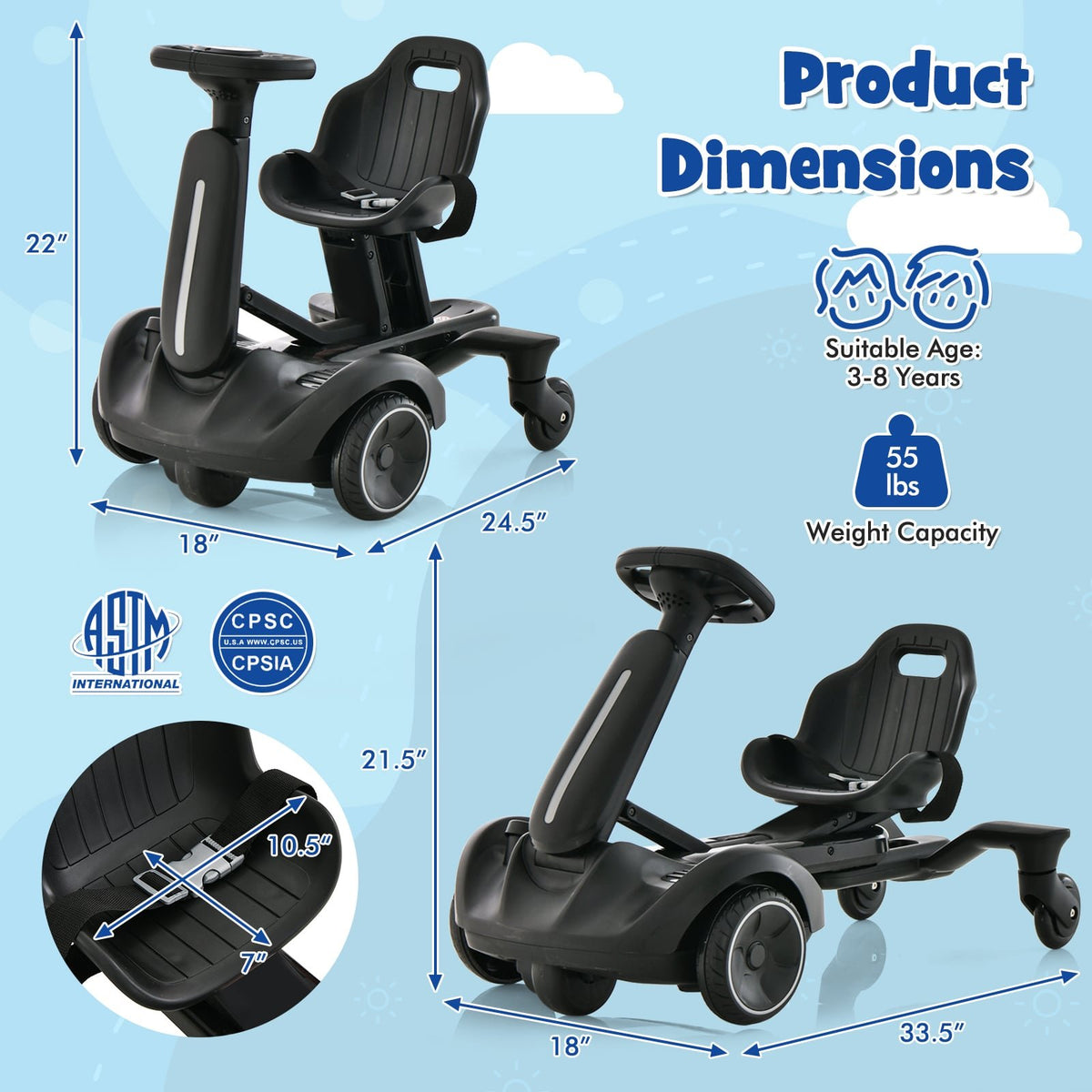 6V Kids Ride on Drift Car with 360° Spin and 2 Adjustable Heights-Black view 5