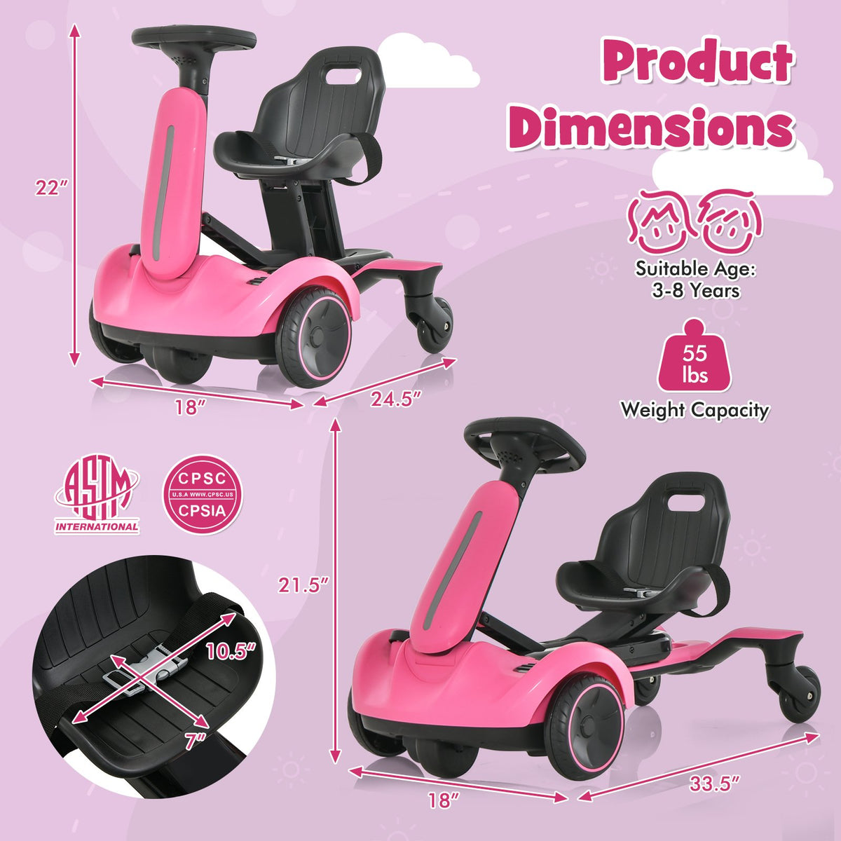 6V Kids Ride on Drift Car with 360° Spin and 2 Adjustable Heights-Pink view 5