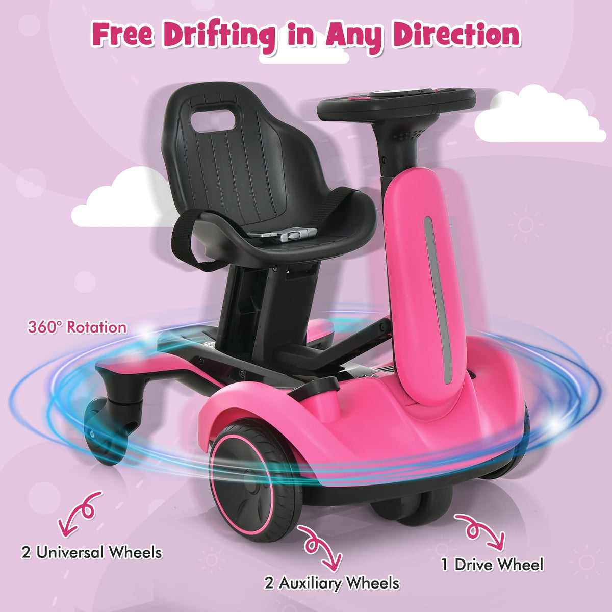 6V Kids Ride on Drift Car with 360° Spin and 2 Adjustable Heights-Pink view 8