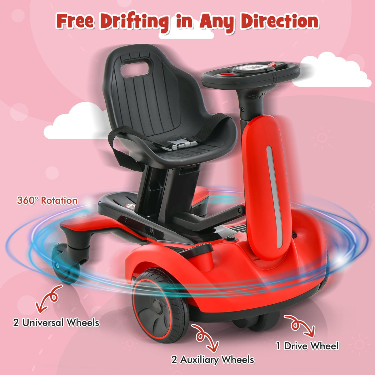 6V Kids Ride on Drift Car with 360° Spin and 2 Adjustable Heights-Red view 8