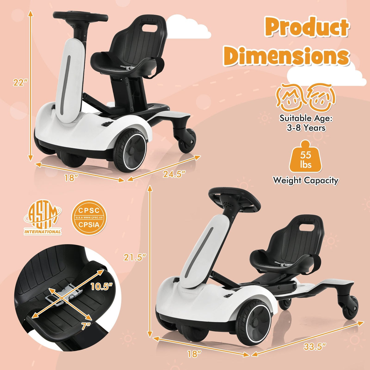 6V Kids Ride on Drift Car with 360° Spin and 2 Adjustable Heights-White view 5
