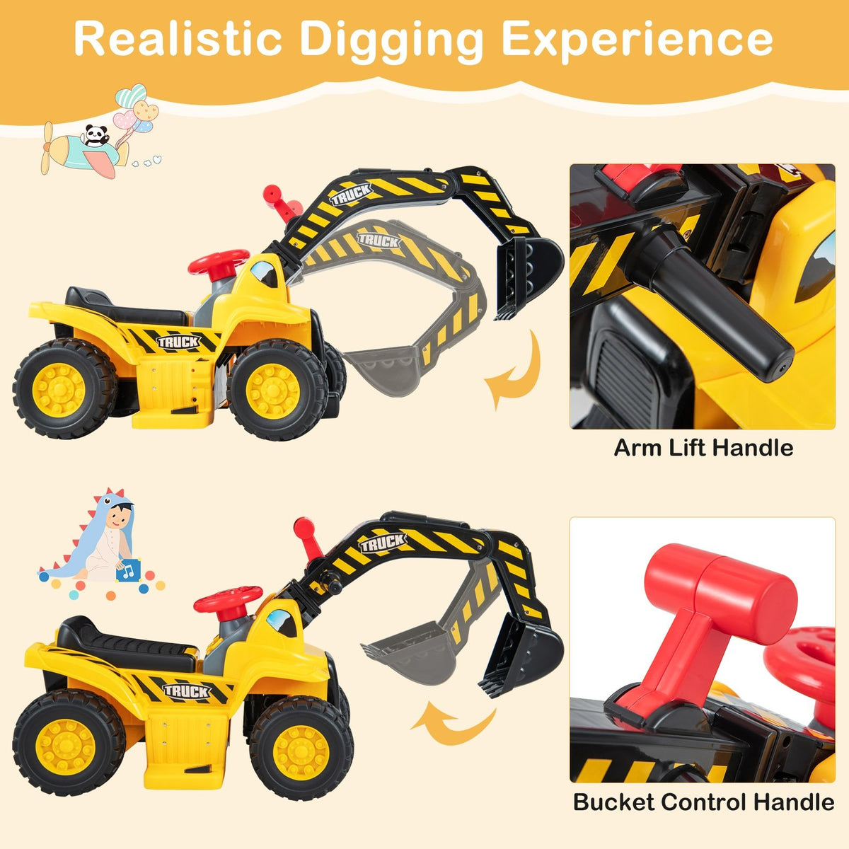 6V Kids Ride On Excavator Fun Digger with Folding Basketball Hoop view 7
