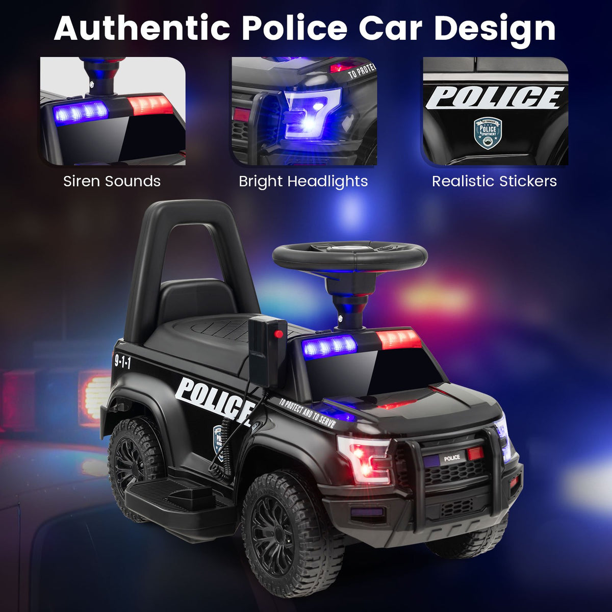 6V Kids Ride On Police Car with Real Megaphone and Siren Flashing Lights-Black view 3