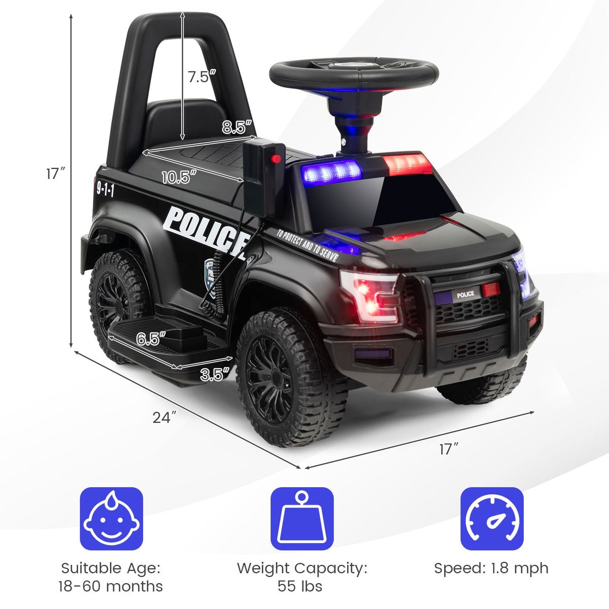 6V Kids Ride On Police Car with Real Megaphone and Siren Flashing Lights-Black view 4