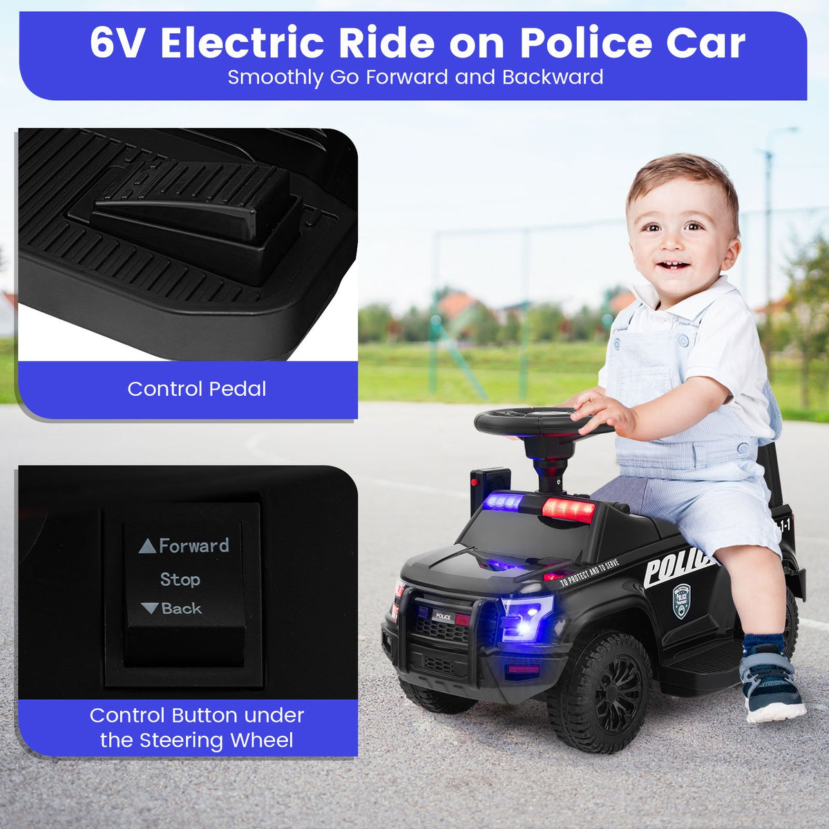 6V Kids Ride On Police Car with Real Megaphone and Siren Flashing Lights-Black view 8