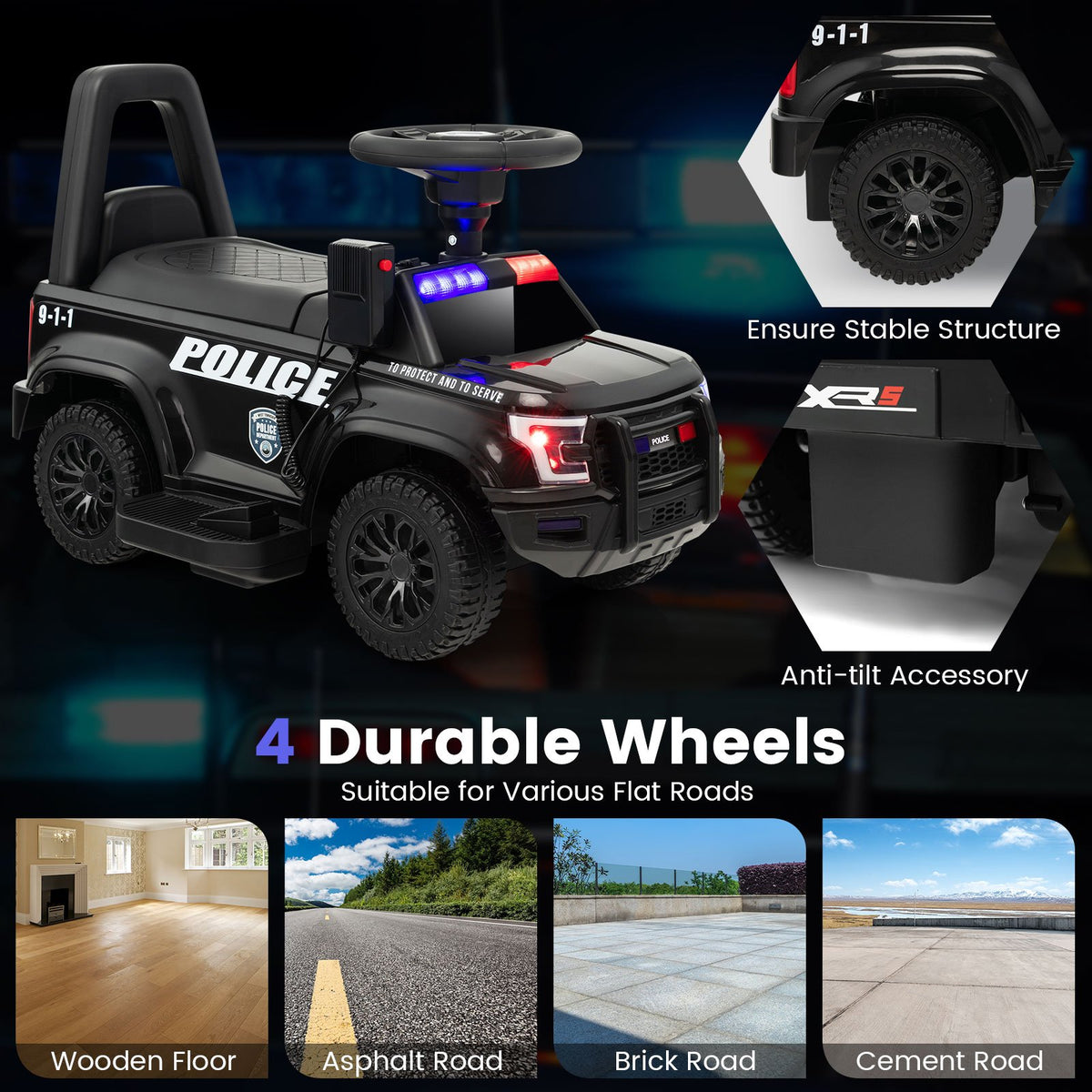 6V Kids Ride On Police Car with Real Megaphone and Siren Flashing Lights-Black view 9