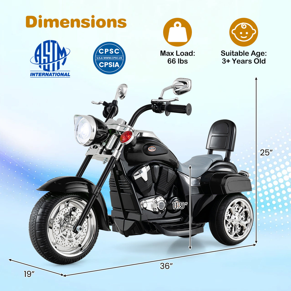 6V Powered Toddler 3-Wheel Motorbike Ride On Toy with Horn and Headlight-Black view 4
