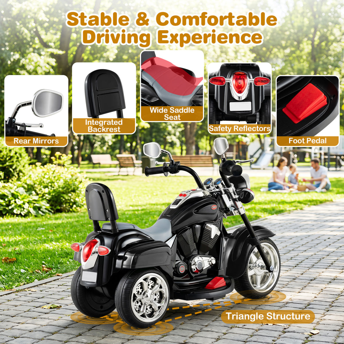 6V Powered Toddler 3-Wheel Motorbike Ride On Toy with Horn and Headlight-Black view 5