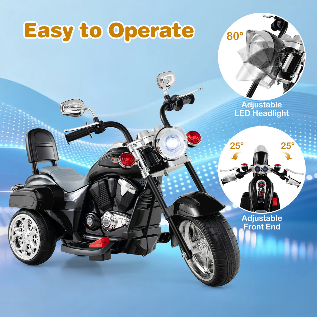6V Powered Toddler 3-Wheel Motorbike Ride On Toy with Horn and Headlight-Black view 8