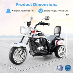 6V Powered Toddler 3-Wheel Motorbike Ride On Toy with Horn and Headlight-Black and White view 4