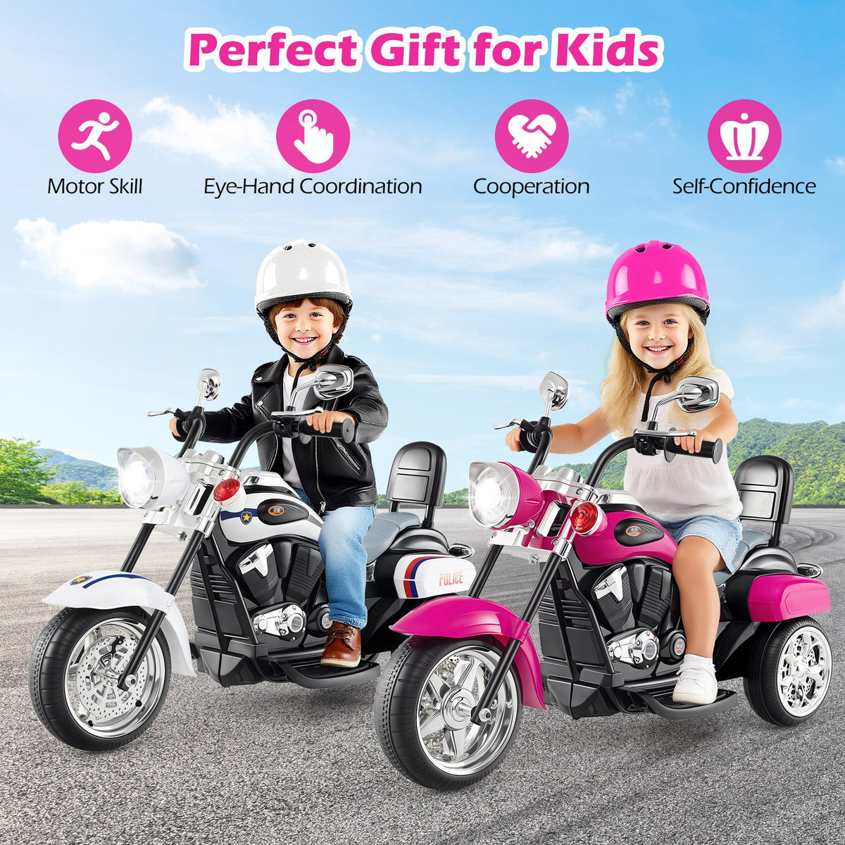 6V Powered Toddler 3-Wheel Motorbike Ride On Toy with Horn and Headlight-Black and White view 5