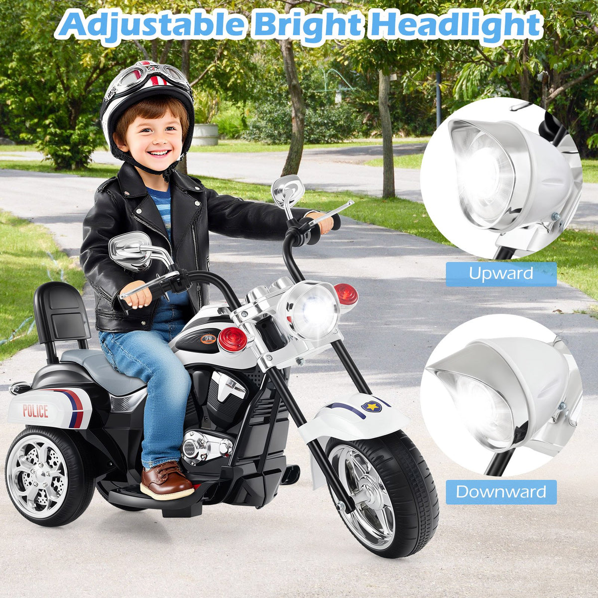 6V Powered Toddler 3-Wheel Motorbike Ride On Toy with Horn and Headlight-Black and White view 8