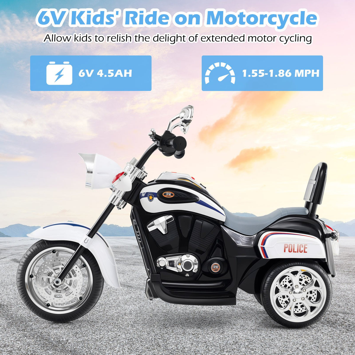 6V Powered Toddler 3-Wheel Motorbike Ride On Toy with Horn and Headlight-Black and White view 9