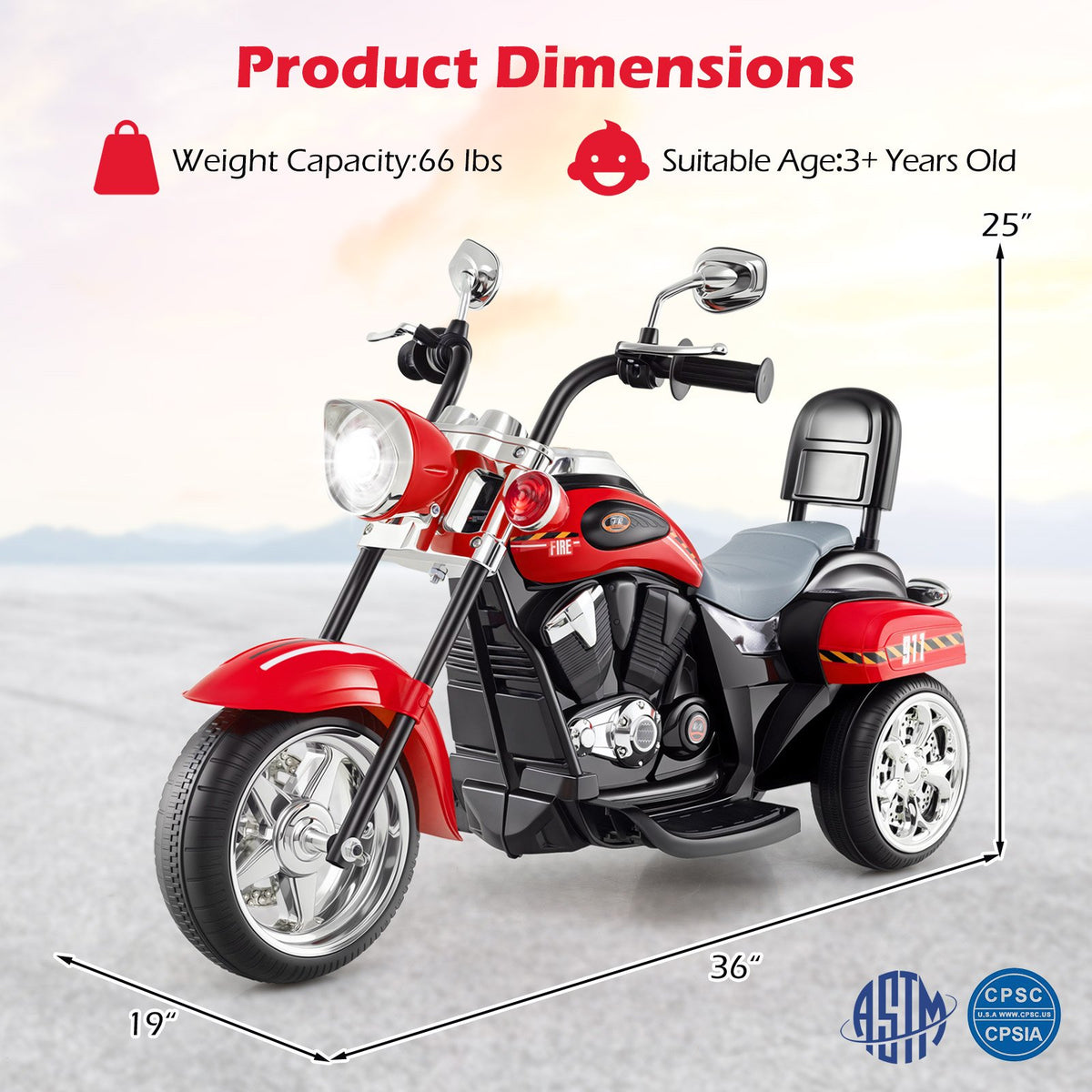 6V Powered Toddler 3-Wheel Motorbike Ride On Toy with Horn and Headlight-Black & Red view 4