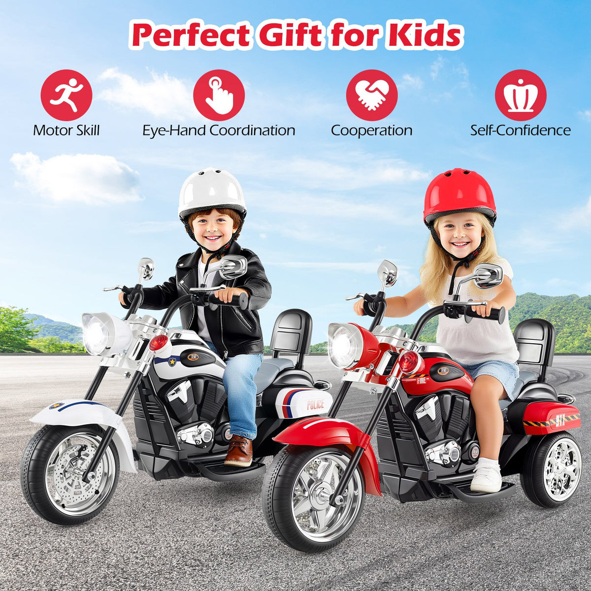 6V Powered Toddler 3-Wheel Motorbike Ride On Toy with Horn and Headlight-Black & Red view 5