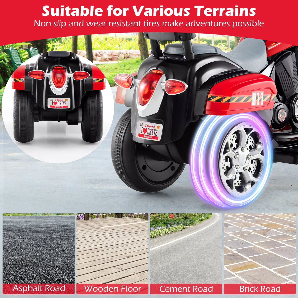 6V Powered Toddler 3-Wheel Motorbike Ride On Toy with Horn and Headlight-Black & Red view 6