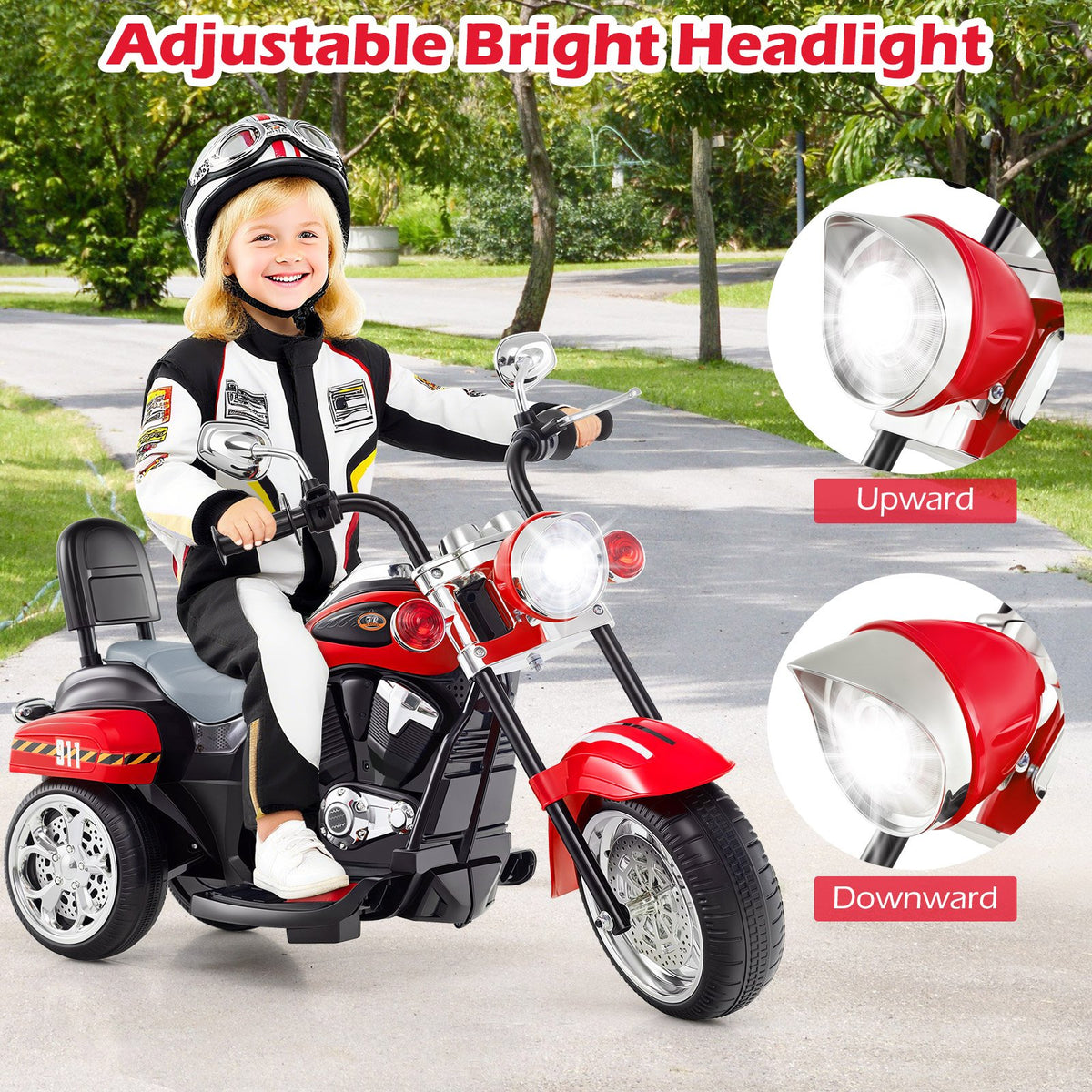 6V Powered Toddler 3-Wheel Motorbike Ride On Toy with Horn and Headlight-Black & Red view 7