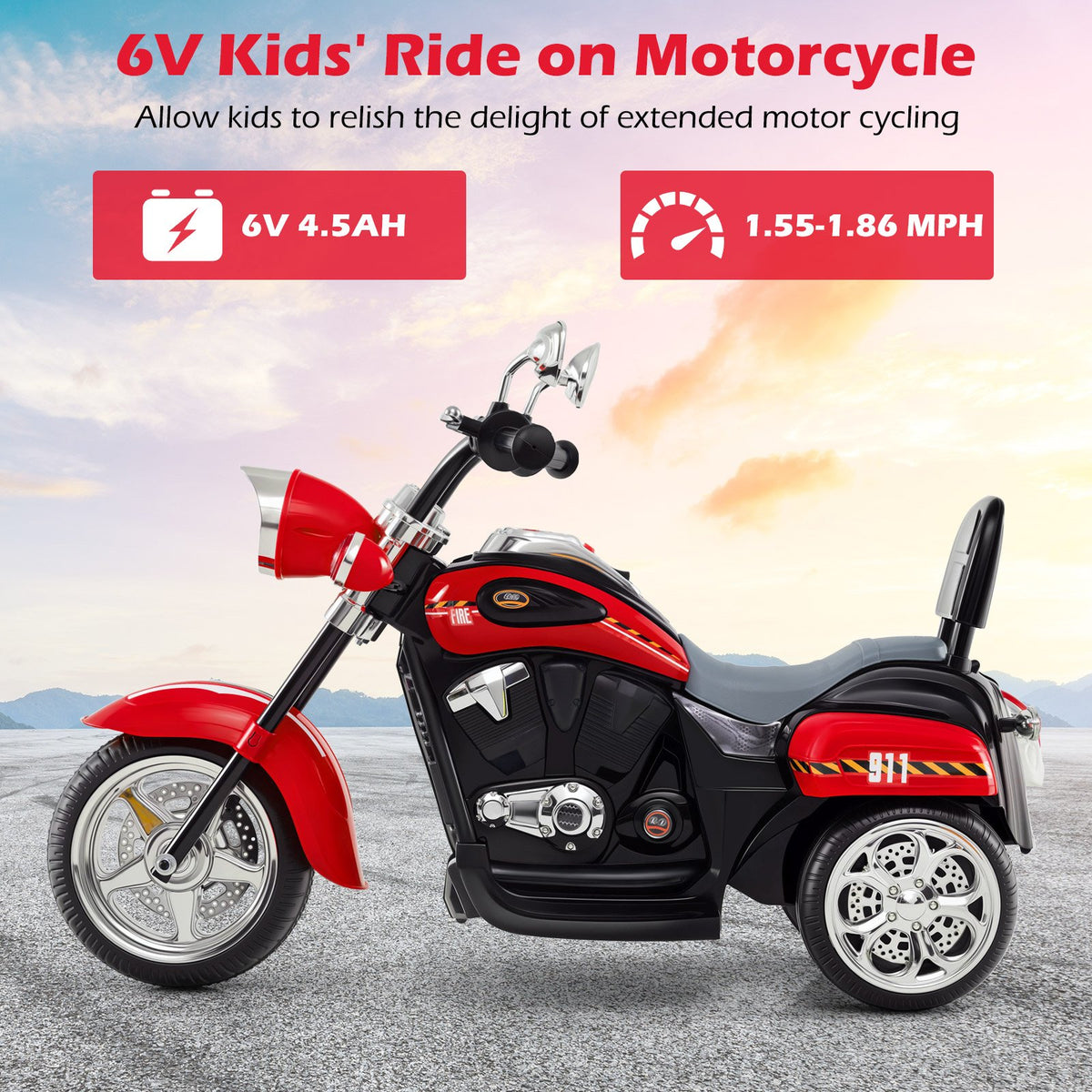 6V Powered Toddler 3-Wheel Motorbike Ride On Toy with Horn and Headlight-Black & Red view 8