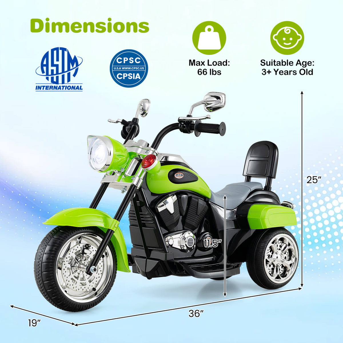 6V Powered Toddler 3-Wheel Motorbike Ride On Toy with Horn and Headlight-Green view 4