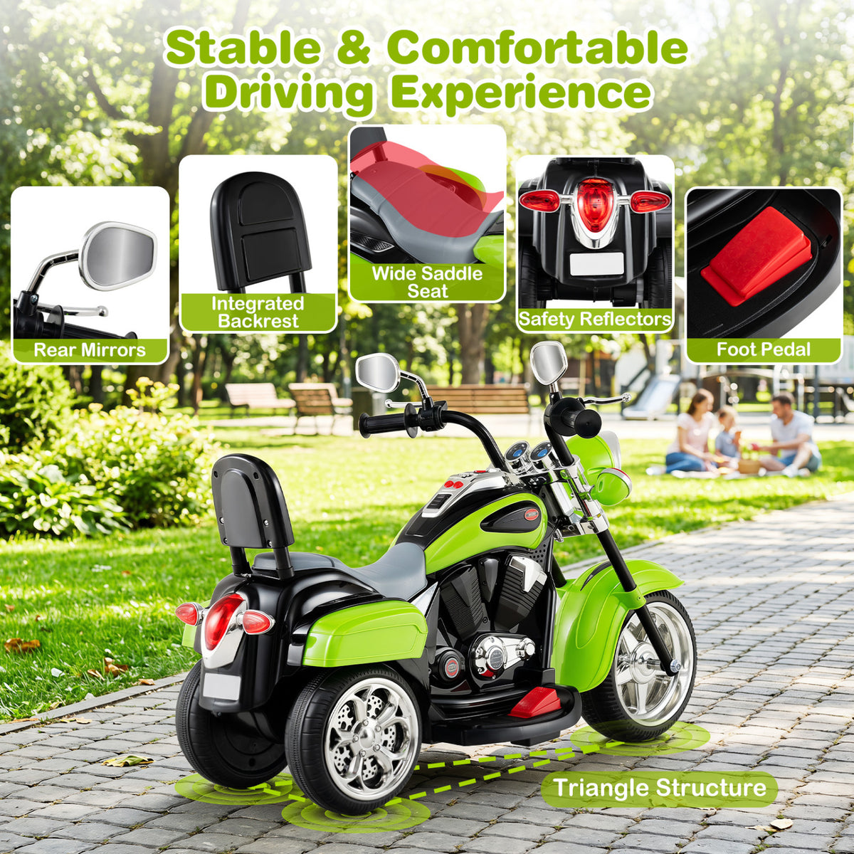 6V Powered Toddler 3-Wheel Motorbike Ride On Toy with Horn and Headlight-Green view 5